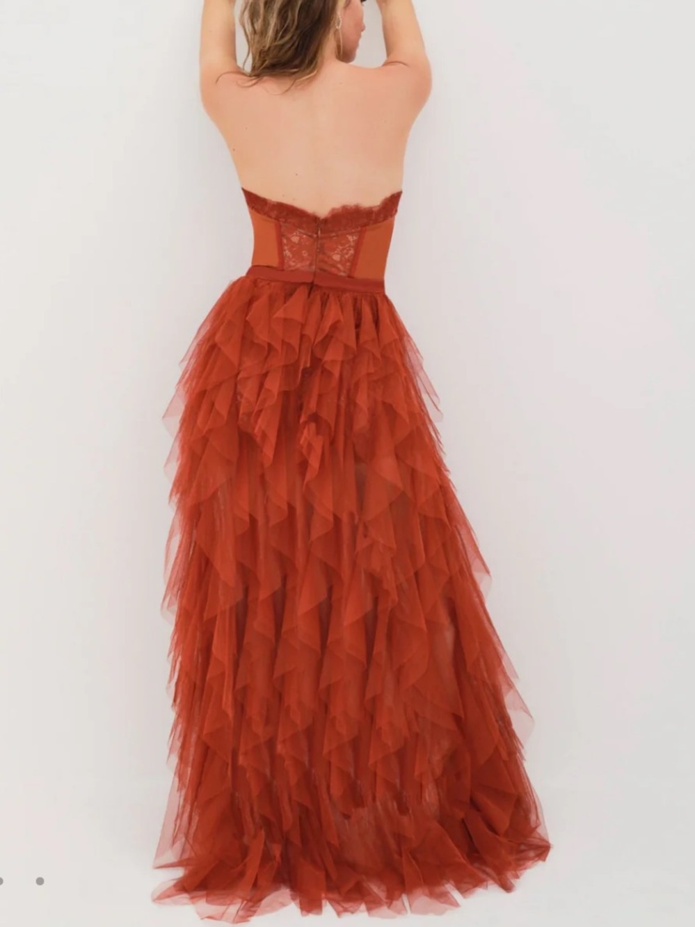 For love & lemons NWT bustier strapless lace tulle ruffle gown rust sz L - Picture 2 of 12